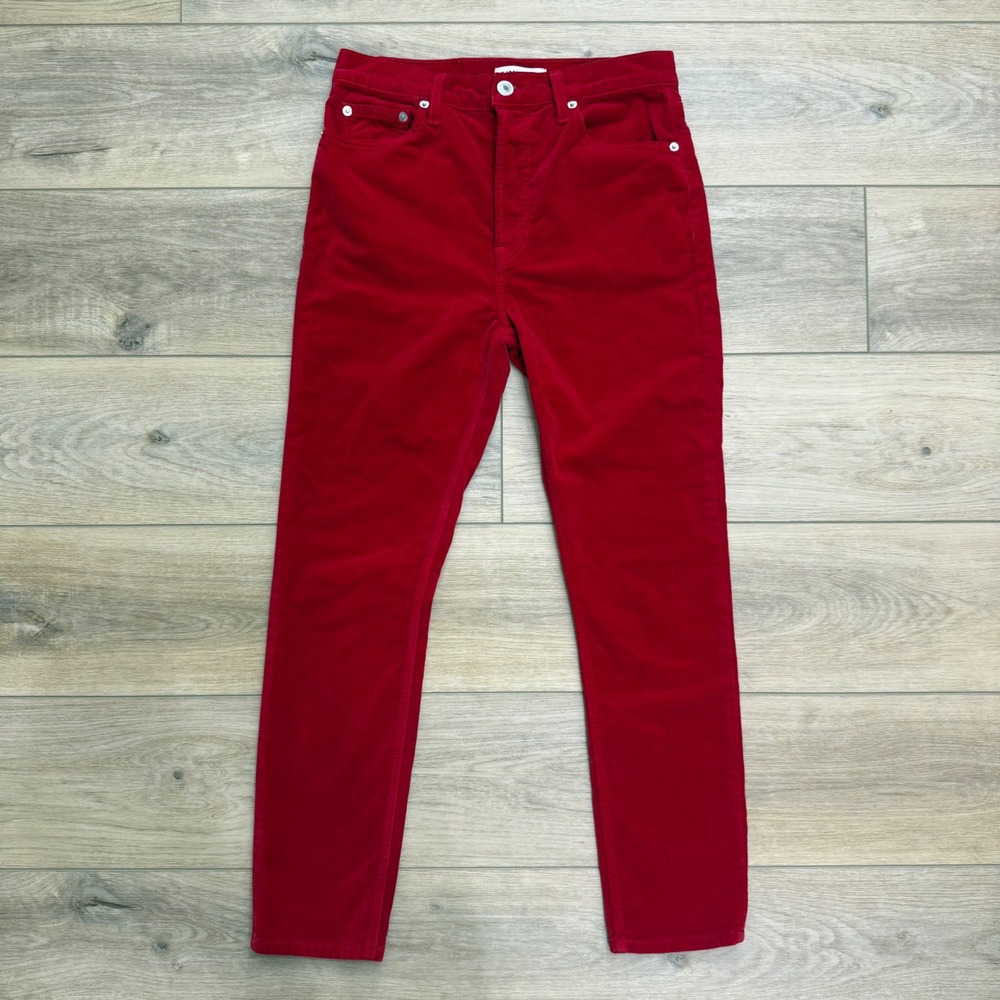 RE/DONE Originals Red Velvet High Rise Slim Straight Button Fly Pants 27 Holiday